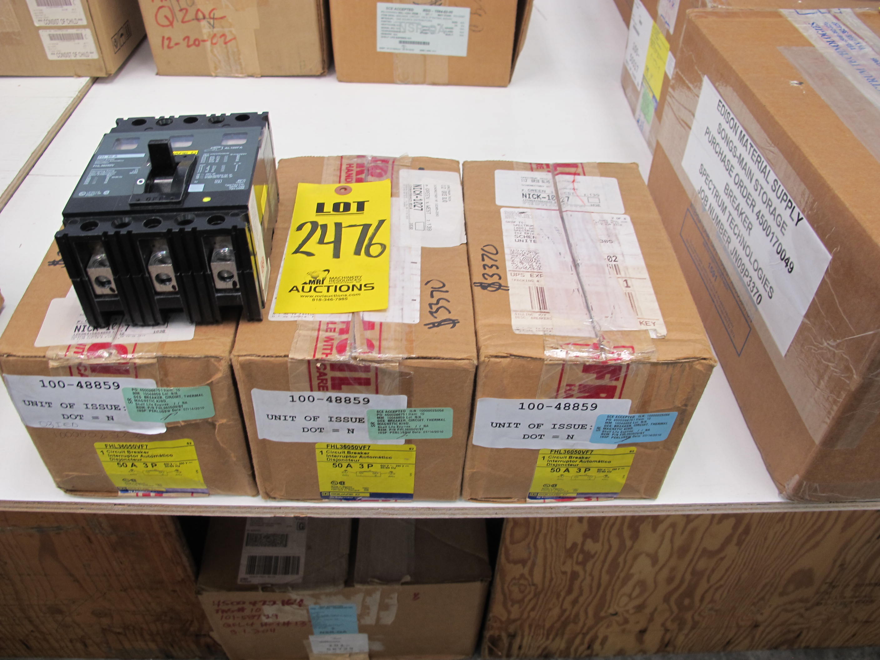 LOT (3) BREAKERS, CIRCUIT TYPE, THERMAL MAGNETIC KIND, 50 AMP RATING, 600 AC VOLT RATING, 3 POLE. MOLDED CASE, 10KA INTERRUPT CURRENT, PART # FHL36050V/ST (W-44) LOADING & HANDLING FEE $5-